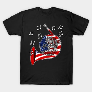 4th July French Horn USA Flag Hornist Musician T-Shirt